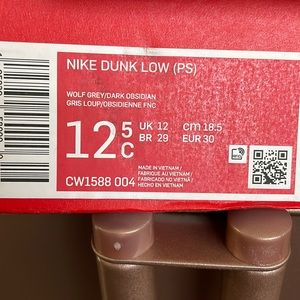 Nike Dunk Low (PS) size 12.5 (Child size). Wolf Grey/Dark Obsidian